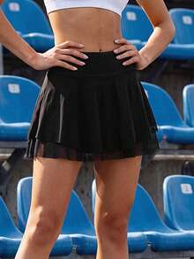 CourtClass CourtClass Women's Solid High Waist Casual Fitness Sports Mesh Skirt - Black - View 4