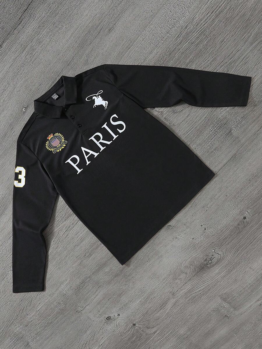 Manfinity Campus Court Aesthetic Post--Men's Casual Letter Print Long Sleeve Golf Polo Shirt For Autumn, For Fall - Black - View 1