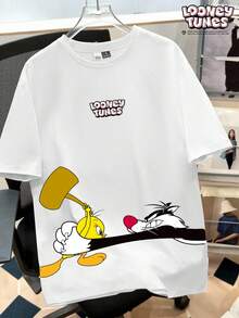 LOONEY TUNES X SHEIN Manfinity Joysei Men's Cartoon Print Round Neck Short Sleeve Casual T-Shirt - White - View 1