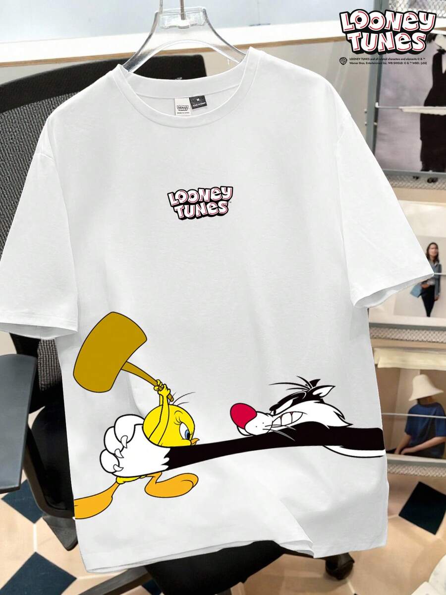 LOONEY TUNES X SHEIN Manfinity Joysei Men's Cartoon Print Round Neck Short Sleeve Casual T-Shirt - White - View 1