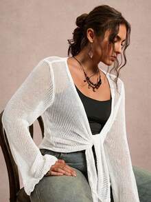 Freevana Plus Size Women's Solid Color Long Sleeve Front Tie Cardigan Fall - White - View 3