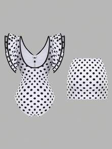 Swim Oasis 1pc Women's Black & White Polka Dot Print Beach One-Piece Swimsuit With Skirt - Black and White - View 2