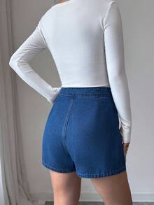 Elenzga 4th Of July Summer Elegant Chic Black Denim Shorts Women Ring Buckle High Waist Commuter Daily - Blue - View 2