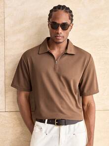 ESTAVOR Men's Casual Loose Polo Shirt, Half-Zip, Solid Brown, Standard Size, Summer - Brown - View 5