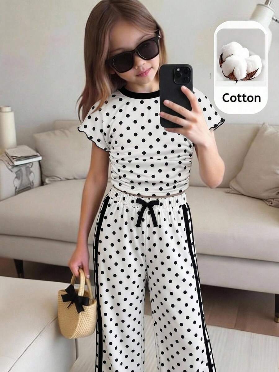 SHEIN 2件組少女休閒簡約風運動波點印花新款印花T恤搭配寬鬆長褲兩件套,日常穿著,春夏運動季度假穿搭 - 白色 - 查看 1