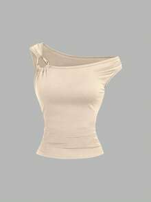 Elenzga Set de 2 piezas de talla grande, camiseta ajustada con cuello asimétrico, top casual versátil, primavera/verano - Multicolor - Ver 4