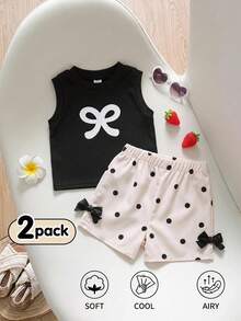 SHEIN Playful Pals 2件/套 嬰兒女童春夏季新款背心上衣與短褲套裝，黑色蝴蝶結印花無袖上衣 + 米色波點蝴蝶結裝飾短褲，柔軟可愛親膚休閒百搭時尚套裝 - 黑與白 - 查看 1