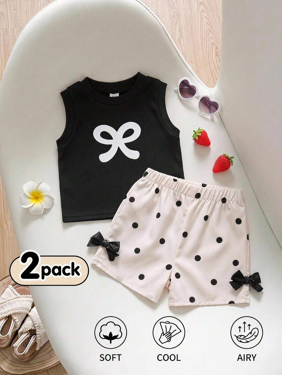 SHEIN Playful Pals 2件/套 嬰兒女童春夏季新款背心上衣與短褲套裝,黑色蝴蝶結印花無袖上衣 + 米色波點蝴蝶結裝飾短褲,柔軟可愛親膚休閒百搭時尚套裝 - 黑與白 - 查看 1