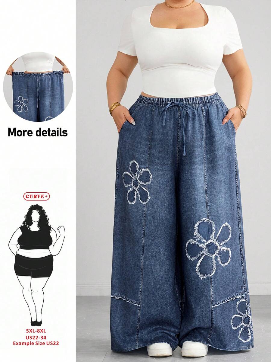 SHEIN CURVE+ 女款大尺碼休閒印花抽繩寬腿褲 - 藍色 - 查看 1