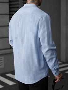 Manfinity Homme Men's Front Button Stand Collar Striped Print Long Sleeve Shirt - Blue - View 2