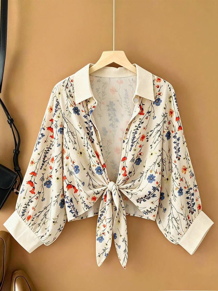 Seusyu Plus Size Women's Floral Print Casual Versatile Everyday Outing Shirt Fall - Multicolor - View 1