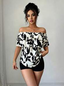 Elenzga Blusa de mujer para vacaciones con estampado de plantas, volantes y hombros descubiertos - Albaricoque - Ver 5