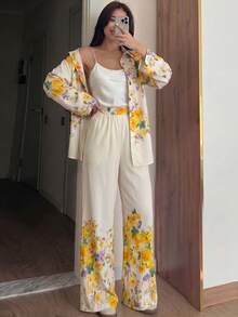 Modelyn 女款春夏編織數位印花長袖鉚釘鈕扣立領通勤休閒上衣與直筒長褲2件套 - 彩色 - 查看 1