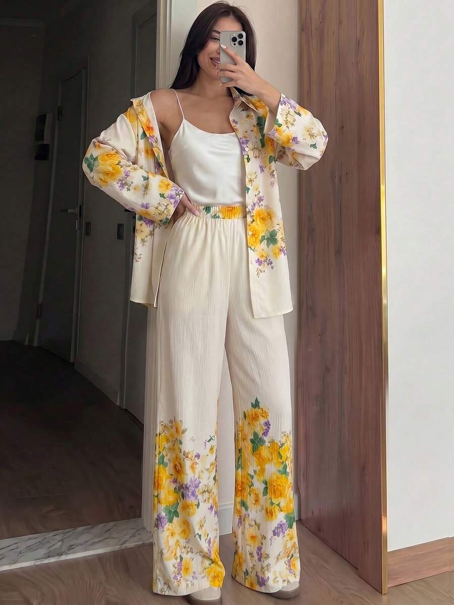 Modelyn 女款春夏編織數位印花長袖鉚釘鈕扣立領通勤休閒上衣與直筒長褲2件套 - 彩色 - 查看 1