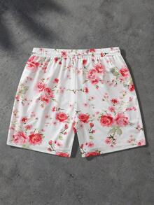 ROMWE MEN Street Life Men's Floral Print Drawstring Waist Pocket Casual Shorts - White - View 2