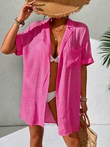 SHEIN Swim 女款素色短袖寬鬆休閒和風罩衫 - 玫紅色 - 查看 1