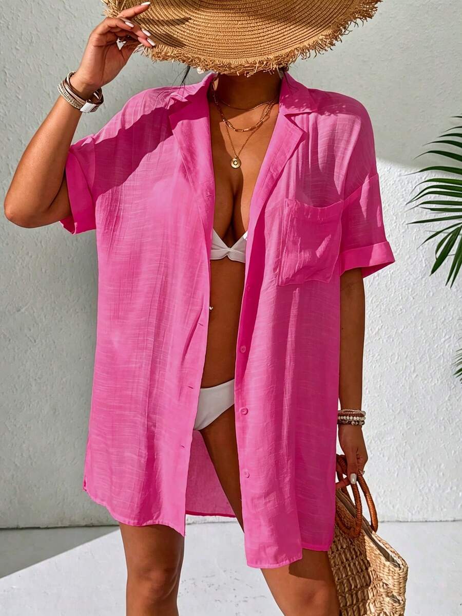 SHEIN Swim 女款素色短袖寬鬆休閒和風罩衫 - 玫紅色 - 查看 1