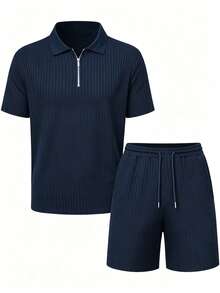 Manfinity RSRT Men's Half Zipper Short Sleeve T-Shirt And Shorts Set Holiday - Blue - View 4