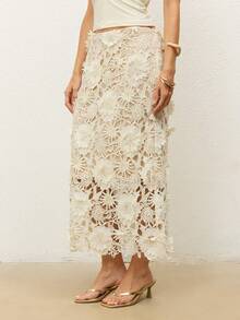 CielaLinda Women's Embroidered Eyelet Lace Skirt, Elegant Romantic Summer Wedding Beige - Apricot - View 6