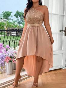 Cravure Women Glitter Oblique Shoulder Ruffle Design Dress Maxi Women Outfit Wedding - Champagne - View 5