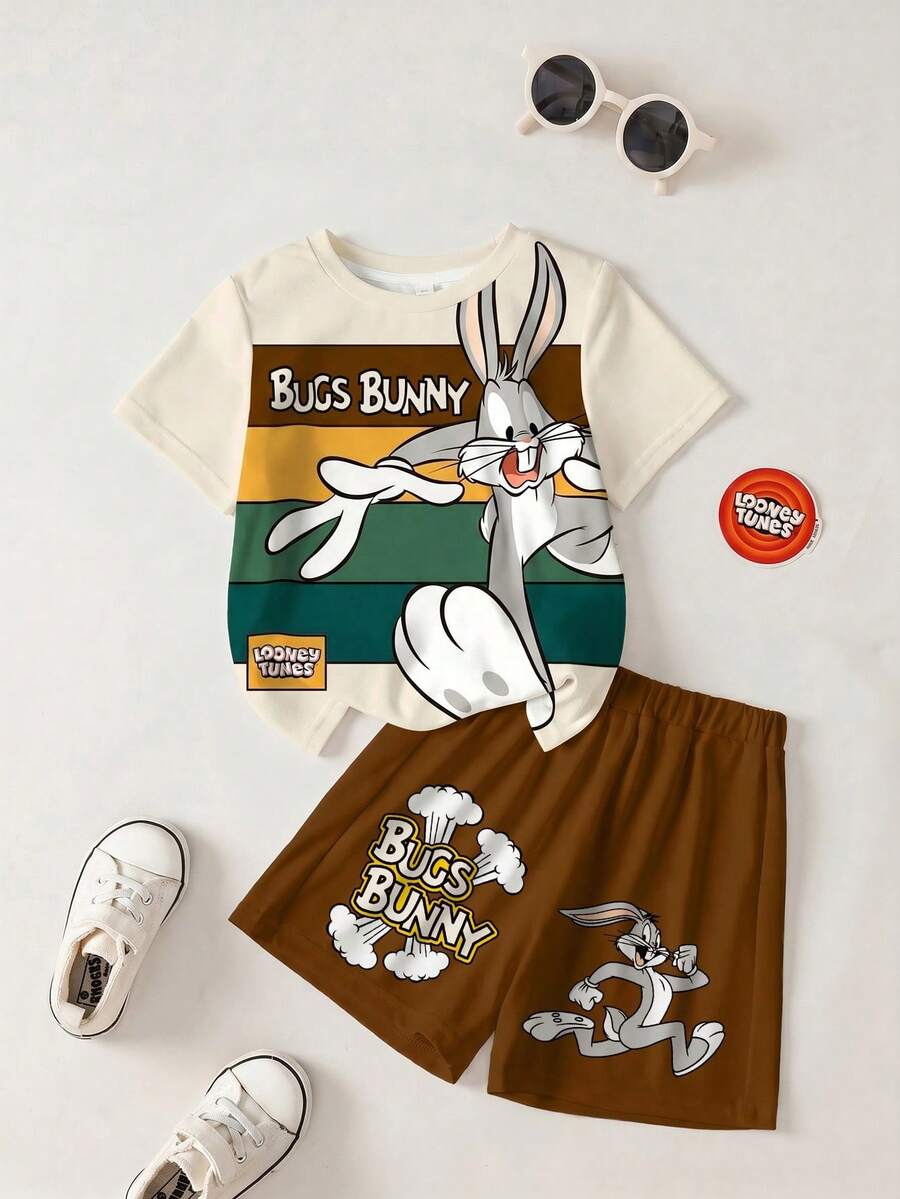 LOONEY TUNES X SHEIN 男童卡通印花圆领短袖T恤和短裤休闲日常穿搭 - 白色 - 查看 1