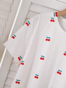 Young Women's Round Neck Cute Cherry All-Over Print Short Sleeve Long Pants Casual Knit Pajama Homewear Set - Apricot - View 5