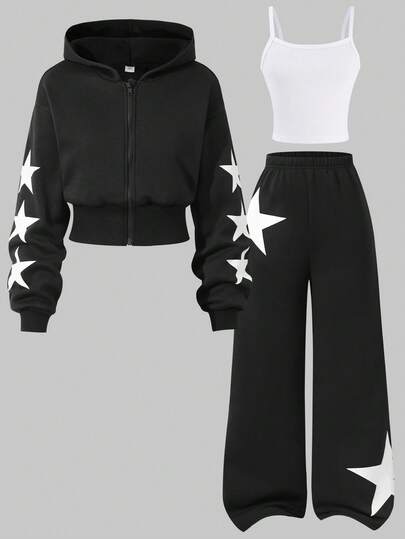Teen Girls 3pcs/Set Round Neck Autumn/Winter Solid Color Thermal-Lined Zip-Up Hoodie, Camisole And Wide-Leg Pants Casual , Back To School, Minimalist