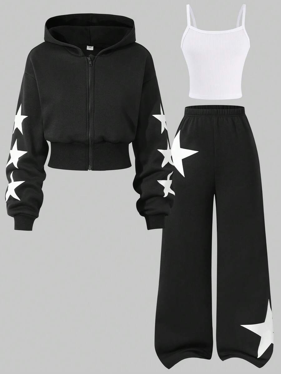 SHEIN 青少年女孩長袖抓絨3件套圓領秋冬保暖內裡拉鍊連帽外套、背心、寬腿鬆垮沙灘褲，黑白色