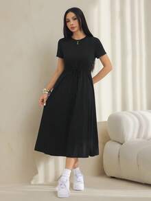 SHEIN PETITE 女款素色圓領百褶休閒派對短袖洋裝 - 黑色 - 查看 6