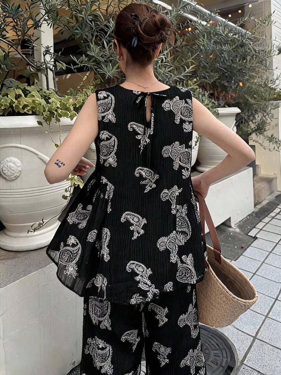 FRIFUL 女款休閒腰果圖案圓領無袖上衣與長褲兩件套 夏季 - 黑色 - 查看 1