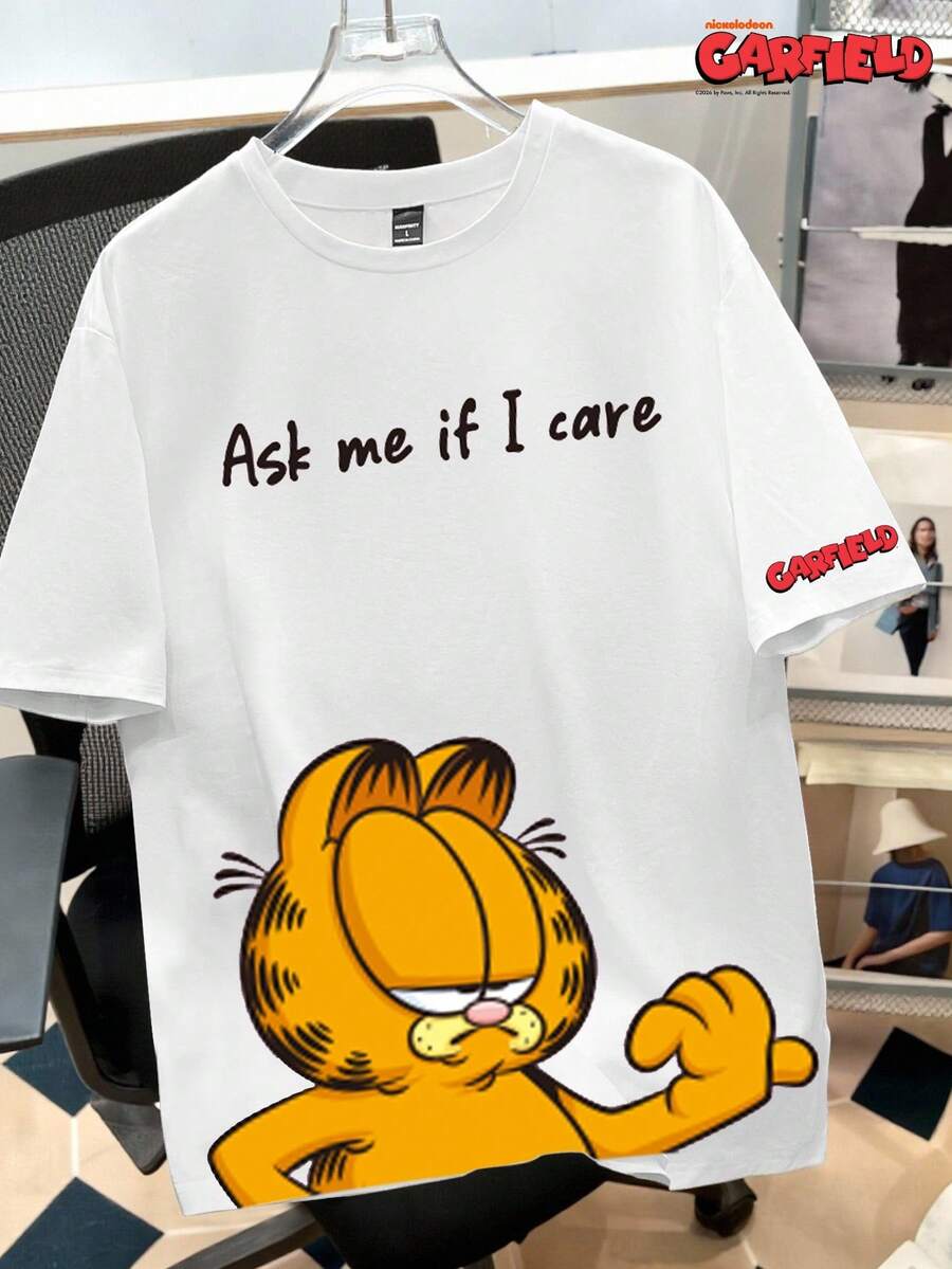 GARFIELD | SHEIN Daypath 男士标语卡通印花圆领短袖休闲T恤 - 白色 - 查看 1