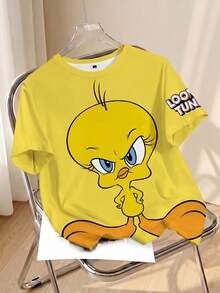 LOONEY TUNES X SHEIN Plus Size Summer Casual Cartoon Print T-Shirt - White - View 1