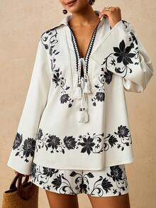 Levarali Plus Size Women's Casual Boho Vacation Floral Print Long Sleeve Shirt And Shorts Set, Everyday Outfit Brunch White Autumn - White - View 5