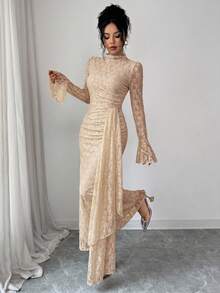 Modelyn French Design Lace Semi-High Neck Ribbon Cinched Waist Ruched Women's Dress - Khaki - View 3