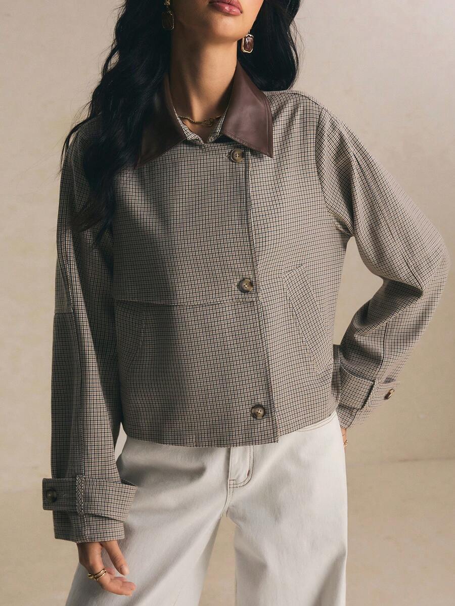 Poéselle 女款格紋長袖單排扣休閒寬鬆版型風衣