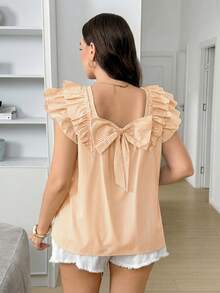 SHEIN LUNE Plus Size Women's White Flutter Sleeve Back Bow Decor Blouse Vacation Summer Boho Cute Fairycore Party - Multicolor - View 6