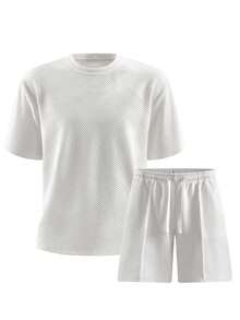 EGENSIO Men's Comfortable Crew Neck Short Sleeve T-Shirt Set, With Drawstring Elastic Waist Design, Jacquard Fabric, Suitable For Vacation, Party, Gathering - White - View 5