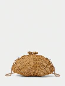 SHECARRY Bolso de mano tejido a mano de ratán con forma de concha para mujer, verano playa, clutch caqui, forma llamativa, ligero y versátil, adecuado para vacaciones, playa, estilo bohemio - Marrón - Ver 5