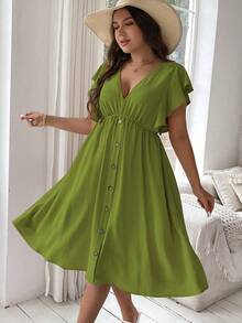 Vionelle Plus Size Women's Solid Color V-Neck Button Ruffle Dress - Green - View 6