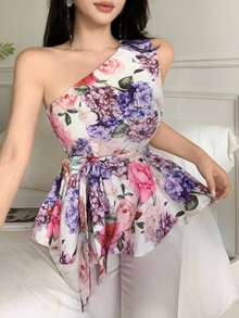 Celisse Floral Print Asymmetric Shoulder Tie-Waist Ruffle Hem Fashionable Versatile Office Lady Blouse - Multicolor - View 4