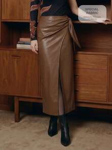 CAJUNI Women's Vintage Side Tie Wrap Around Skirt, Summer - Brown - View 7
