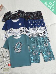 Bộ đồ ngủ 4 món cho bé trai tuổi teen, in hình bóng đá và trò chơi, cổ tròn, tay ngắn, quần short, thoải mái để mặc ở nhà. - Nhiều màu - Xem 1