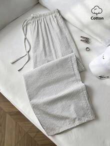 SHEIN PETITE Celana Panjang Putih Kasual, Sederhana, Serbaguna, dengan Pinggang Elastis dan Tali Serut, Cocok untuk Kantor, Santai di Rumah, Musim Panas, Wanita Bertubuh Mungil - Biru - View 1