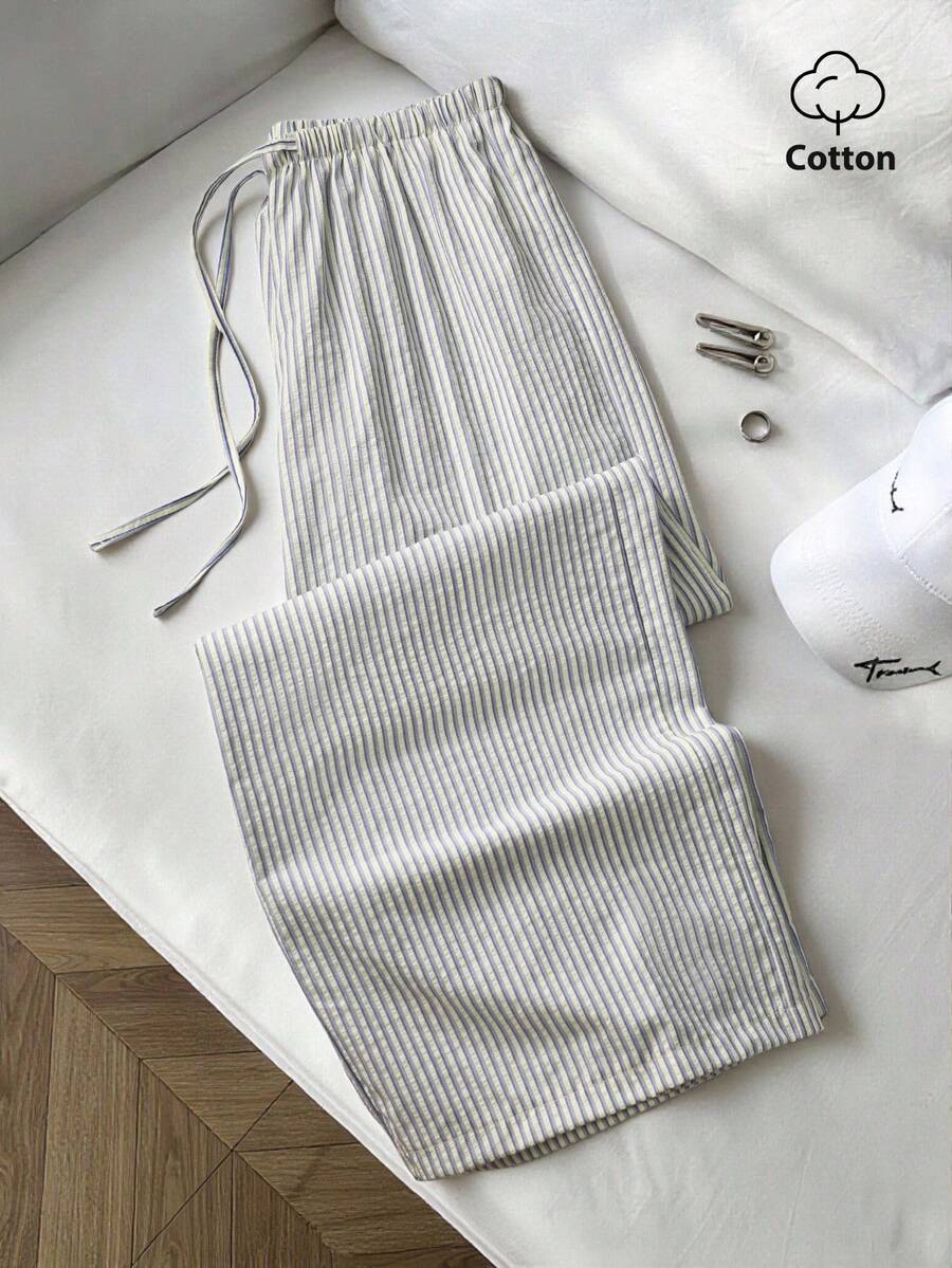SHEIN PETITE Celana Panjang Putih Kasual, Sederhana, Serbaguna, dengan Pinggang Elastis dan Tali Serut, Cocok untuk Kantor, Santai di Rumah, Musim Panas, Wanita Bertubuh Mungil - Biru - View 1