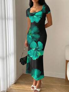 Modelyn Summer Square Neck Mermaid Ruffle Fitted Dress Vacation Black Flower Tropical - Multicolor - View 3