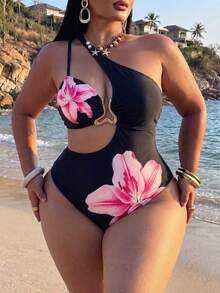 SHEIN Swim 2026新款大尺碼女款黑色百合印花深V連身泳衣，海灘度假夏季假期穿搭，派對穿著，優雅熱帶性感風 - 彩色 - 查看 4