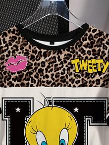 LOONEY TUNES X SHEIN 女款夏季休閒拼接撞色豹紋卡通字母圖案T恤 - 白色 - 查看 3