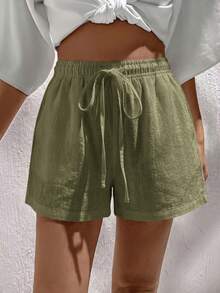 SHEIN Clasi Women's Casual 100 Cotton Woven Shorts Spring/Summer Vacation Sage Green Black 2 Pieces Set - Olive Green - View 4