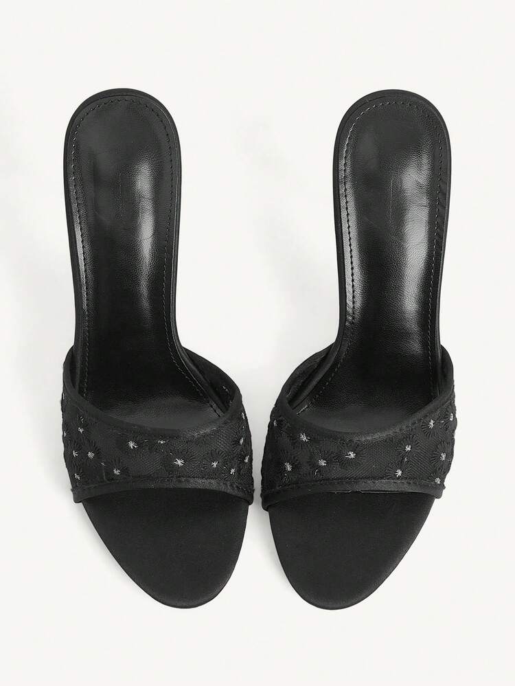 CUCCOO CHICEST Women's Shoes Stiletto Round Toe Embroidered Mesh High Heels Black Satin High Heels Sandals Fashion Elegant Slingbacks Dating Afternoon Tea Party