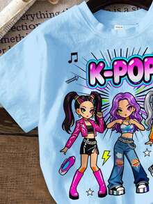 Young Girl Round Neck Letter Cartoon Print Short Sleeve T-Shirt And Shorts Casual Daily Set - Multicolor - View 4